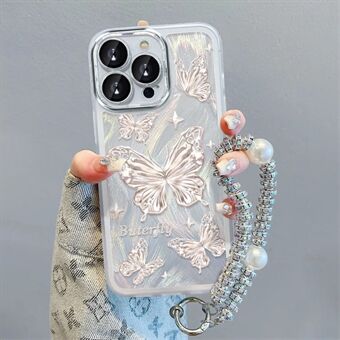 Voor iPhone 15 Pro Max TPU hoesje met vlinderpatroon op de achterkant en met veren gauze glitterpapier.