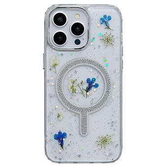 Voor iPhone 15 Pro Max hoesje Magnetisch PC+TPU Epoxy Mobiele Telefoonhoes Gedroogde Bloemdecoratie.