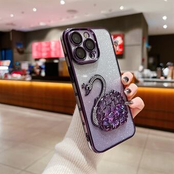 Voor iPhone 15 Pro Max hoesje TPU mobiele telefoonhoesje met glazen lensfolie, strass quicksand zwaan ontwerp.