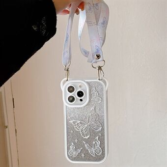 Voor iPhone 15 Pro Max hoesje met vlinderpatroon glitter TPU hoesje met afneembare lanyard - Multi