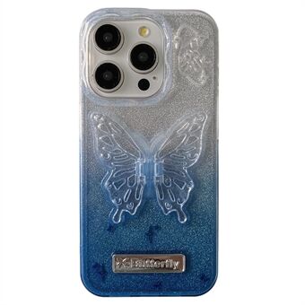 Voor iPhone 15 Pro Max Hoesje Verloop Vlinder Vorm Standaard Telefoonhoesje met Ingebouwd Glitter Poeder Papier