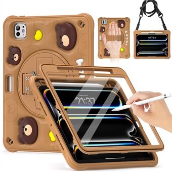 Voor iPad Pro 11 (2024) Hoes met Schouderriem Beerpatroon PC+Silicone+TPU Kickstand Tablethoes