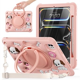 Voor iPad Pro 11 (2024) Hoes met Schouderband Schattige Hond Kickstand PC+Silicone+TPU Tablethoes