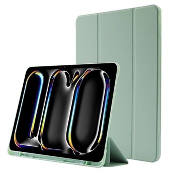 Voor iPad Pro 11 (2024) Hoes Skin-Touch Tri-Fold Stand Lederen Tablet Hoes met Pennenhouder - Zwartgroen