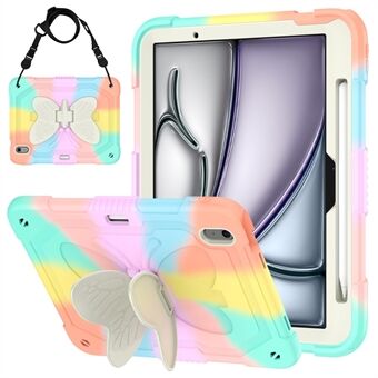 Voor iPad Air 11 (2024) Hoesje Butterfly Kickstand Silicone + PC Tablet Cover met Schouderband