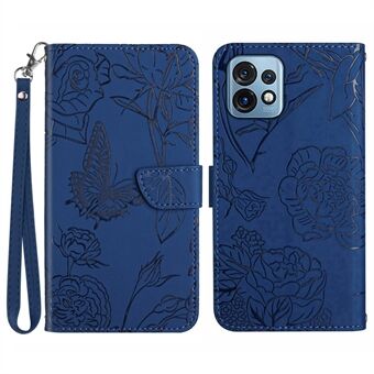 HT03 PU-leren hoesje voor Motorola Edge+ (2023) / Edge 40 Pro 5G / Moto X40 5G, bedrukt met vlinderbloemen, huidaanraking, magnetische flipstandaard met bandje.