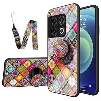 Voor OnePlus 10 Pro 5G Bloemenpatroonontwerp Hard gehard glas + pc-achterkant + zacht TPU-frame Schokbestendig anti- Scratch hoesje met draagkoord, standaard ondersteunde magnetische autohouder