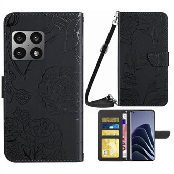 Voor OnePlus 10 Pro Vlinderbloempatroon Bedrukt PU-leer Flip beschermhoes Schouderriem Stand Folio portemonnee-hoesje