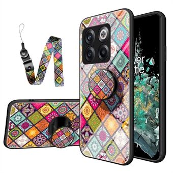 Voor OnePlus 10T 5G / ACE Pro 5G Bloemenpatroon Gehard Glas + Harde PC + Zachte TPU Hybride Cover Kickstand Telefoonhoesje met Lanyard