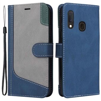 Voor Samsung Galaxy A20e A202 Drie-kleur Splicing PU Lederen Portemonnee Flip Cover Magnetische Sluiting Stand Folio Case met Polsband