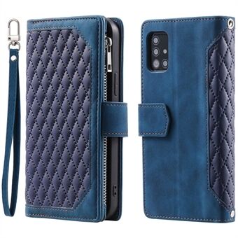 005 Stijl voor Samsung Galaxy A51 4G SM-A515 Rits Anti- Scratch Telefoon Case Rhombus Textuur PU Lederen Stand Wallet Cover met Polsband