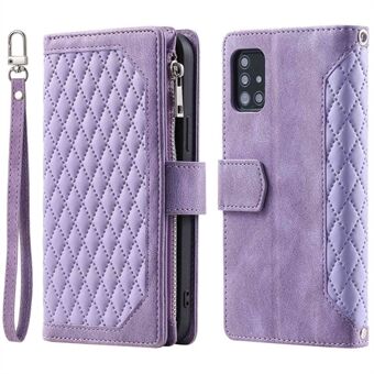 005 Stijl voor Samsung Galaxy A51 4G SM-A515 Rits Anti- Scratch Telefoon Case Rhombus Textuur PU Lederen Stand Wallet Cover met Polsband