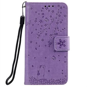 Opdruk Sakura Cat Leather hoes met kaartsleuven voor Samsung Galaxy A71