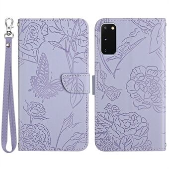 For Samsung Galaxy S20 4G/5G Skin-touch Feeling PU Leather Case Butterfly Flower Pattern Imprinted Stand Wallet Soft TPU Book Cover with Strap