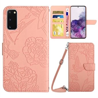 For Samsung Galaxy S20 4G/5G Imprinted Butterfly Flower Skin-touch PU Leather Wallet Stand Case with Shoulder Strap