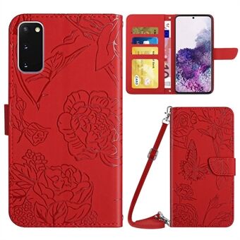 For Samsung Galaxy S20 4G/5G Imprinted Butterfly Flower Skin-touch PU Leather Wallet Stand Case with Shoulder Strap