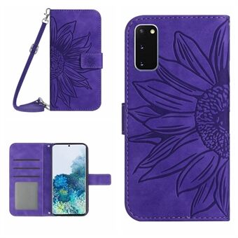 Beschermende telefoonhoes voor Samsung Galaxy S20 5G / 4G, HT04 Skin-touch bedrukt zonnebloem telefoonhoes PU lederen portemonnee Stand met schouderriem