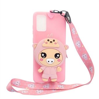 3D cartoon dier figuur portemonnee zachte siliconen TPU telefoon case met nekband voor Samsung Galaxy A41 (algemene versie)