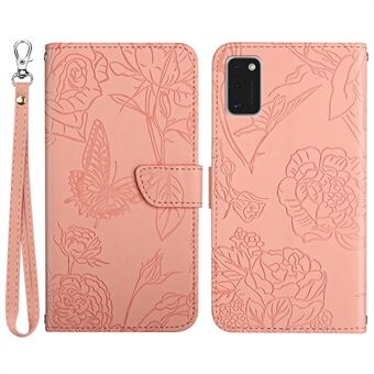 For Samsung Galaxy A41 (Global Version) Butterfly Flower Imprinted PU Leather Wallet Phone Cover TPU Inner Shell Skin-touch Feeling Stand Folio Case with Strap