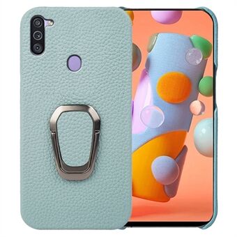 Ring Kickstand Phone Cover voor Samsung Galaxy A11 (EU-versie), Litchi-textuur Anti-drop lederen gecoate pc-hoes