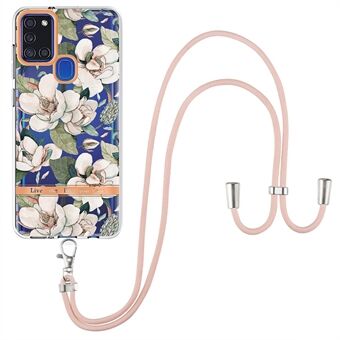 YB IMD-serie bloempatronen TPU-telefoonhoes voor Samsung Galaxy A21s, Lanyard gegalvaniseerde IML-telefoonhoes