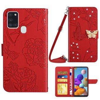 Skin-touch lederen hoes voor Samsung Galaxy Stand , vlinderbloemen bedrukte portemonneestandaard Strass decor telefoonhoes met schouderriem