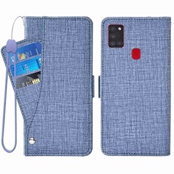 Telefoon Flip Wallet Case Voor Samsung Galaxy A21s, Jean Doek Textuur PU Lederen Stand Cover met Roterende Kaartsleuven