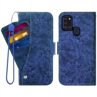 Voor Samsung Galaxy A21s PU Lederen Flip Telefoon Case Water-inkt Schilderen Textuur Roterende Kaartsleuven Houder Horizontale Stand Wallet Cover met Riem