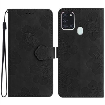 Voor Samsung Galaxy A21s Flowers Imprint Leather Wallet Case Folding Stand Phone Cover