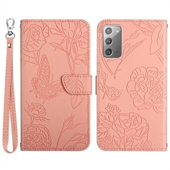 For Samsung Galaxy Note20 / Note20 5G Butterfly Flower Imprinted Skin-touch Feeling Wallet Case PU Leather Magnetic Protect Flip Stand Cover with Hand Strap