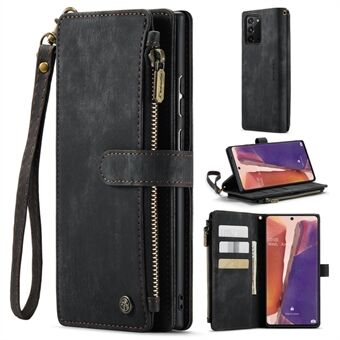 CASEME C30-serie telefoon portemonnee-hoesje voor Samsung Galaxy Note20 5G / 4G, Scratch ritsvak mobiele telefoon beschermhoes Stand met handige riem en meerdere kaartsleuven