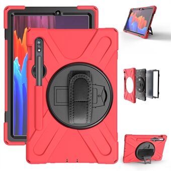 Voor Samsung Galaxy Tab S7 T870 T875 / S8 360° Draaibare Kickstand PC + Siliconen Tablet Combinatie Hoes [Ingebouwde Handhouderband]