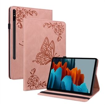 Krasbestendige tablethoes met bedrukte vlinderbloem, schokbestendig PU-leder, standaard en kaartsleuf voor Samsung Galaxy Tab S7 / Tab S8.