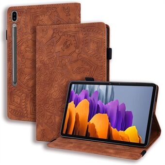 Voor Samsung Galaxy Tab S9 FE / S9 / S8 / S7 bloemenpatroon geprint leren tabletstandaardhoes met pennenhouderriem.