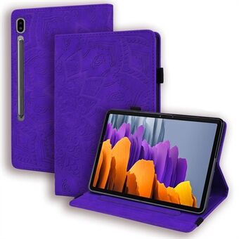 Voor Samsung Galaxy Tab S9 FE / S9 / S8 / S7 Bloemenpatroon Gegraveerde Leren Tabletstandaardhoes met Penhouder en Strap