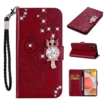 Strass Decoratie Opdruk Uil Lederen Shell Portemonnee Stand Telefoon Cover voor Samsung Galaxy A42 5G