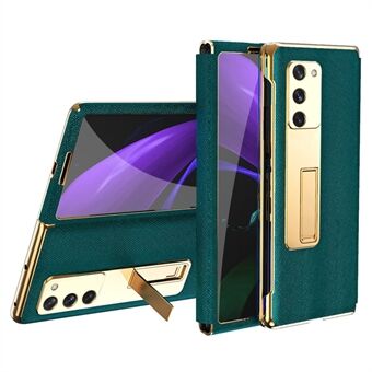 Kickstand Cross Texture Hybrid Hard PC Soft PU-leer Galvaniserend telefoonhoesje met gehard glas Screenprotector voor Samsung Galaxy Z Fold2 5G