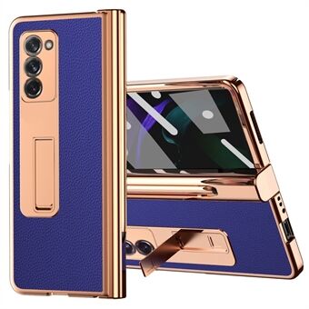 For Samsung Galaxy Z Fold2 5G PU Leather Coated PC All-Inclusive Case Hinge Pen Holder Design Kickstand Electroplating Mobile Phone Shell with Tempered Glass Screen Protector