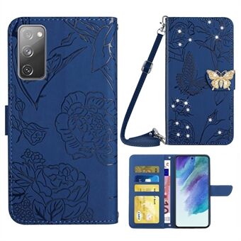 Voor Samsung Galaxy S20 FE / S20 FE 5G / S20 FE 2022 / S20 Lite Strass Decor Leather Case Vlinder Bloemen Bedrukt Telefoon Stand Portemonnee Cover met Schouderriem