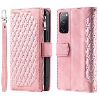 005 Smartphone Cover voor Samsung Galaxy S20 FE 2022 / S20 Lite / S20 FE 5G / 4G, handige riem Rhombus Grid Textured PU Leather Zipper Pocket Stand Wallet Case