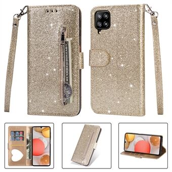 Flash Powder Zipper Pocket Wallet Flip Leather Phone Case met riem voor Samsung Galaxy A12