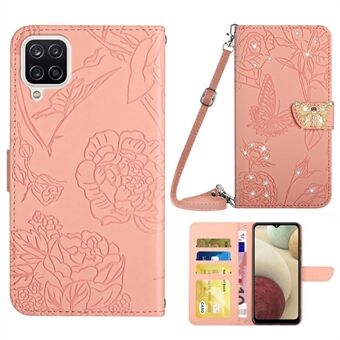 Voor Samsung Galaxy A12/M12/F12 Stand Portemonnee Telefoon Case PU Leer Opdruk Vlinder Bloemen Strass Decor Cover met Schouderriem