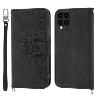 Voor Samsung Galaxy A12 Bedrukte Bloemen PU Lederen Skin-touch Stand Telefoon Case Meerdere Kaartsleuven Portemonnee Cover met Polsband en Schouderriem