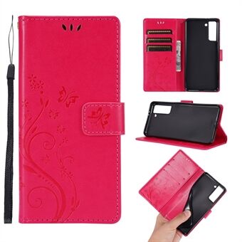 Butterfly Flower Imprinting Leather Wallet Phone Stand Case met polsbandje voor Samsung Galaxy S21 5G