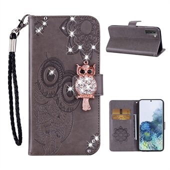 Uil Opdruk Strass Decor Lederen Telefoonhoesje voor Samsung Galaxy S21 5G