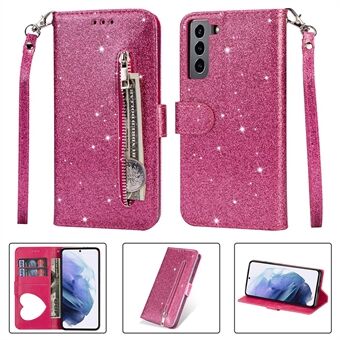Flash Powder Zipper Pocket Wallet Flip lederen telefoonhoes met riem voor Samsung Galaxy S21 5G