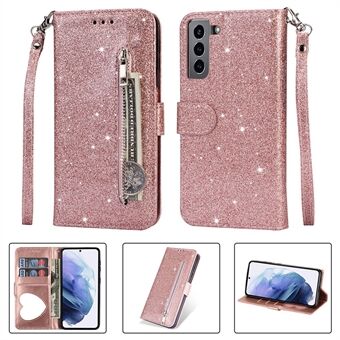 Flash Powder Zipper Pocket Wallet Flip lederen telefoonhoes met riem voor Samsung Galaxy S21 5G