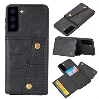 For Samsung Galaxy S21 4G/5G Card Slots Kickstand Design PU Leather Coated TPU Shell Case [Built-in Vehicle Magnetic Sheet]