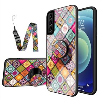 Kleurrijke bloemenprint hybride telefoonhoes van glas met standaardkoord voor Samsung Galaxy S21 5G