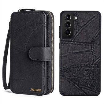 MEGSHI 004-serie 2-in-1 afneembare leren hoes voor Samsung Galaxy S21 5G, verticale flip-telefoonhoes met ritsvak met polsband